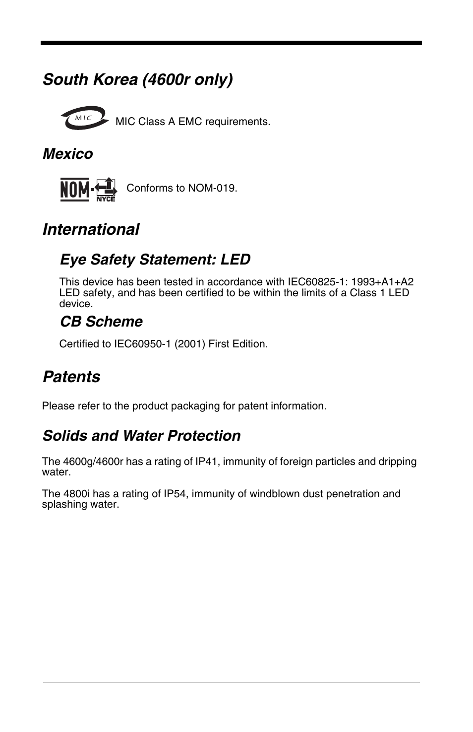 South korea (4600r only), International, Patents | Mexico, Eye safety statement: led, Cb scheme, Solids and water protection | HandHeld Entertainment 4600r User Manual | Page 5 / 244