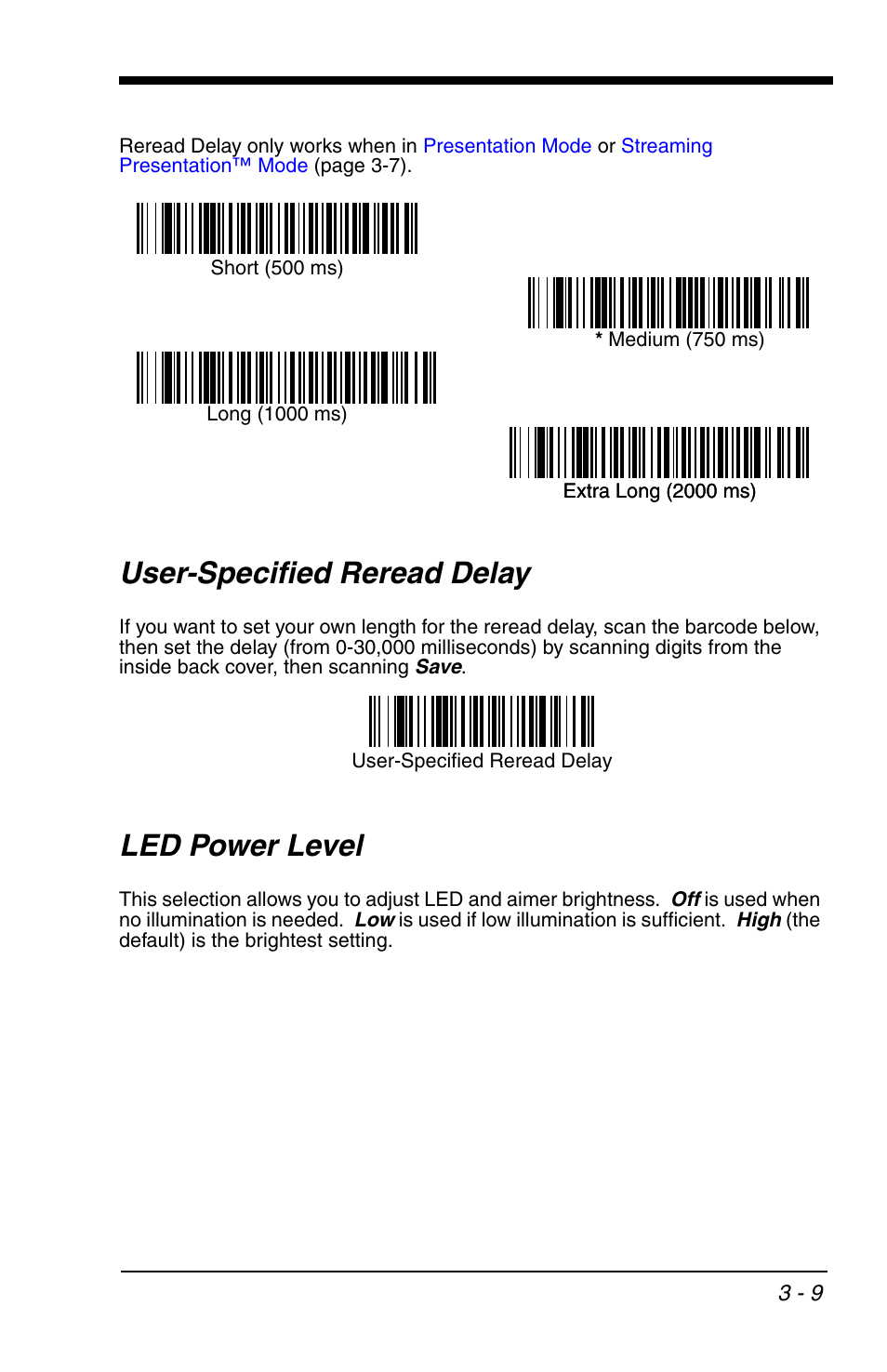 User-specified reread delay, Led power level, User-specified reread delay -9 led power level -9 | HandHeld Entertainment 4600r User Manual | Page 57 / 244