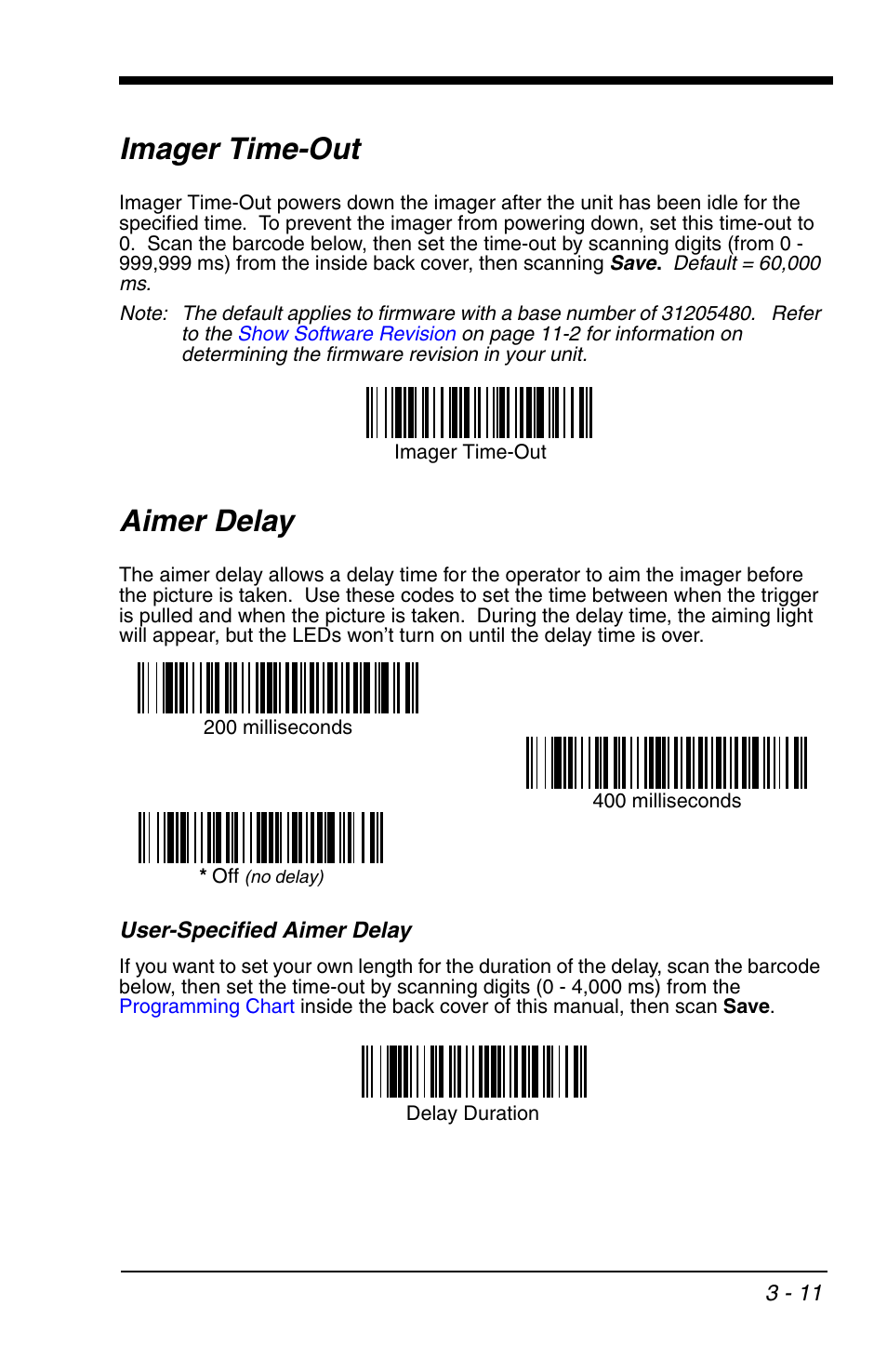 Imager time-out, Aimer delay, User-specified aimer delay | Imager time-out -11 aimer delay -11, User-specified aimer delay -11, Mmed (see | HandHeld Entertainment 4600r User Manual | Page 59 / 244
