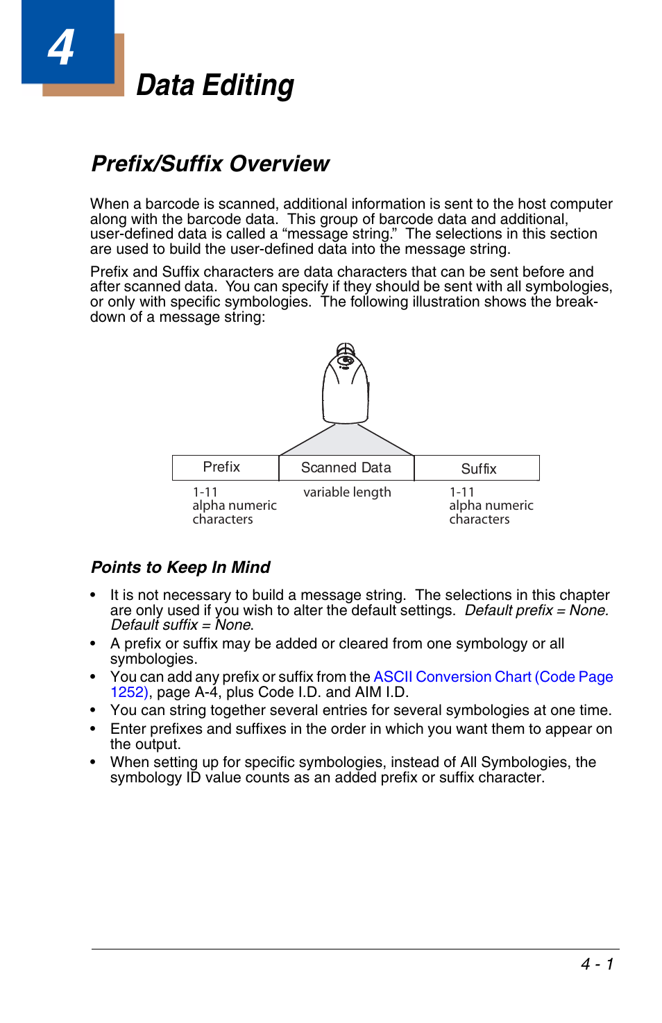 Data editing, Prefix/suffix overview, Chapter 4 - data editing | Prefix/suffix overview -1 | HandHeld Entertainment 4600r User Manual | Page 73 / 244