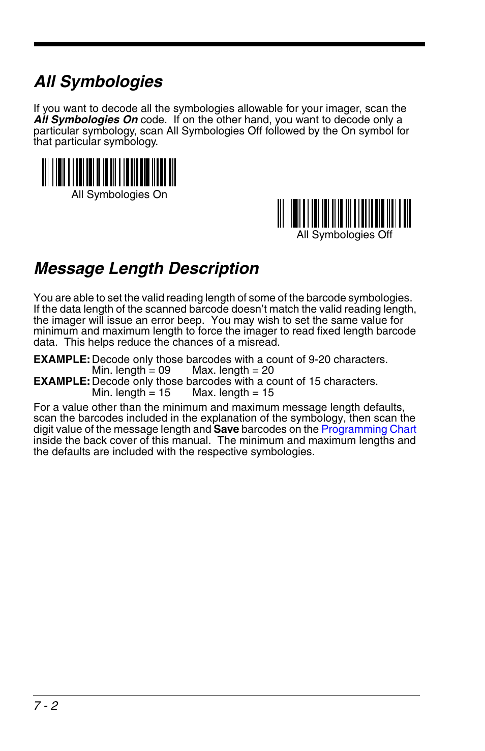 Message length description, All symbologies -2 message length description -2, All symbologies | HandHeld Entertainment 4600r User Manual | Page 96 / 244