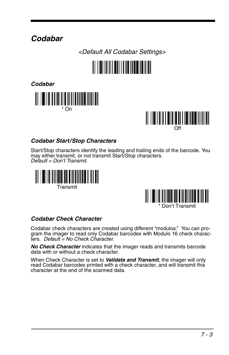 Codabar -3, Codabar, Default all codabar settings | HandHeld Entertainment 4600r User Manual | Page 97 / 244