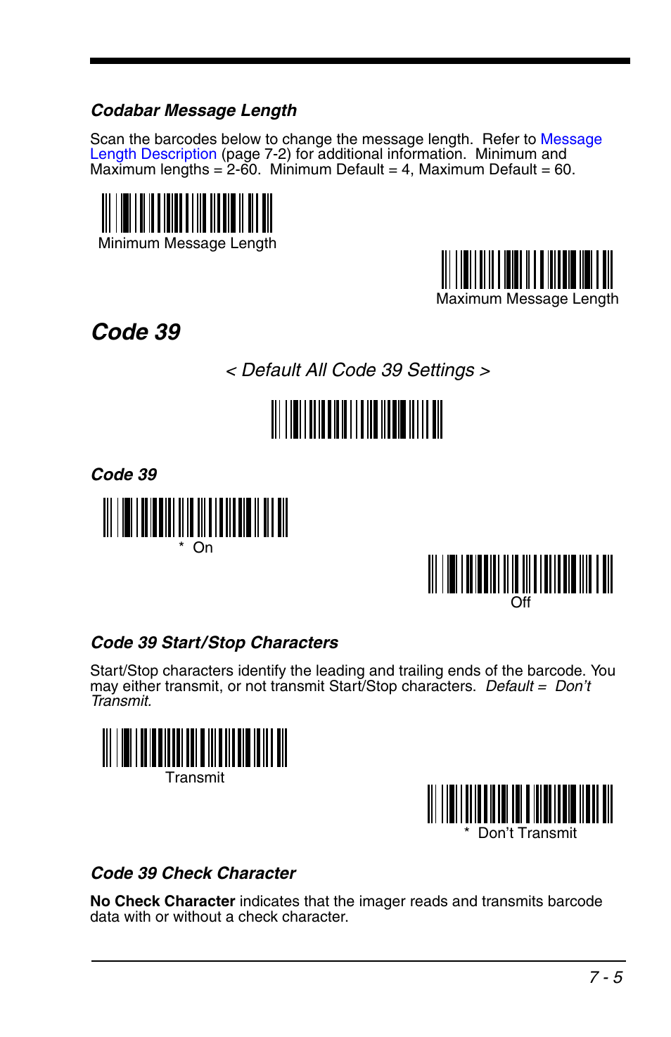 Code 39 -5, Code 39, Default all code 39 settings | HandHeld Entertainment 4600r User Manual | Page 99 / 244