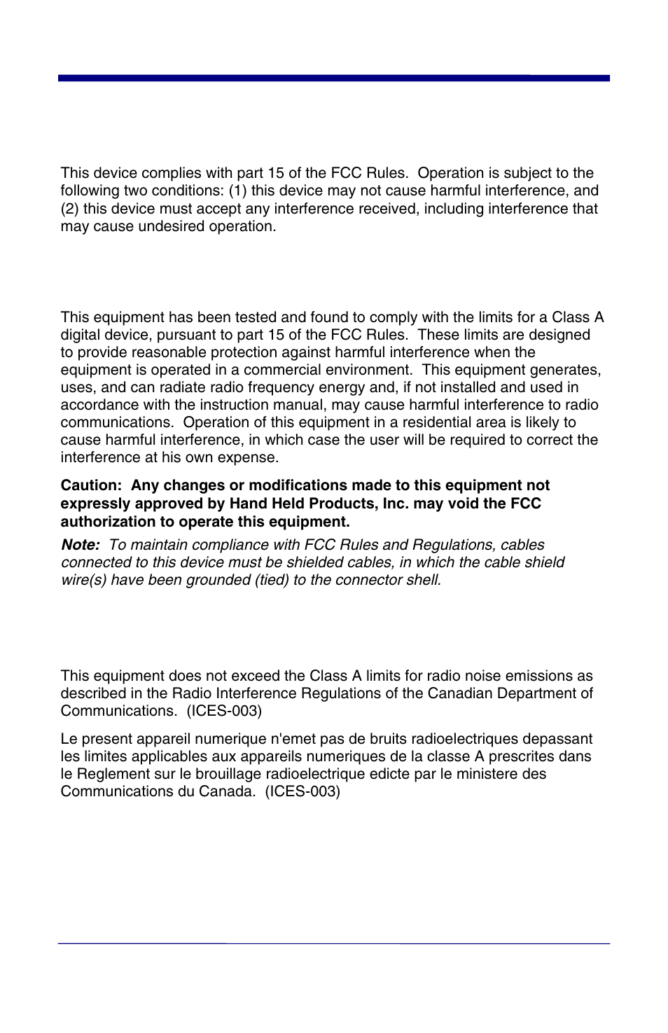 Statement of agency compliance, Fcc class a compliance statement, Canadian notice | HandHeld Entertainment Quick Check PC600 User Manual | Page 3 / 72