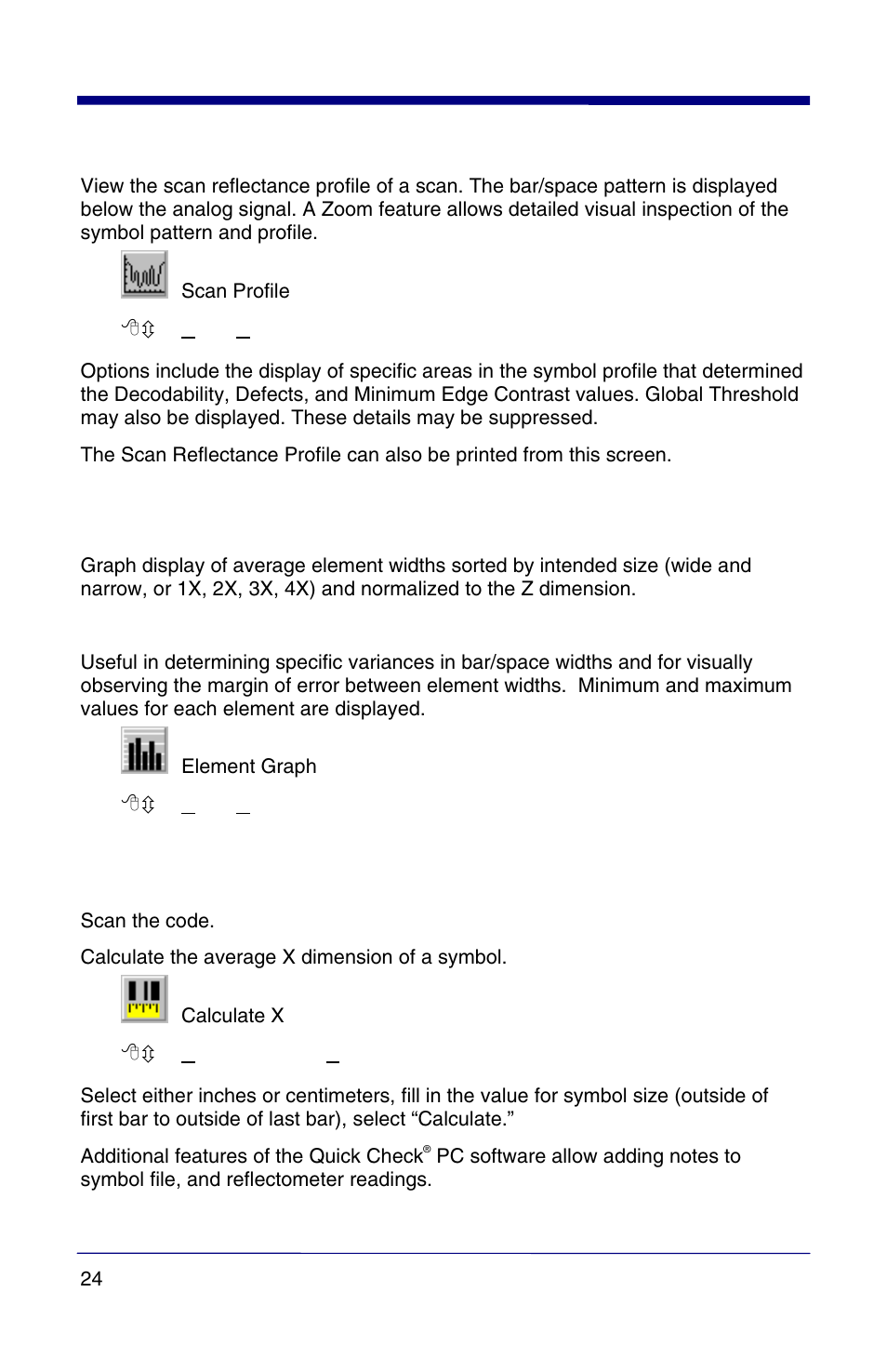 View scan reflectance profile, Bar/space analysis, Calculate “x | HandHeld Entertainment Quick Check PC600 User Manual | Page 32 / 72