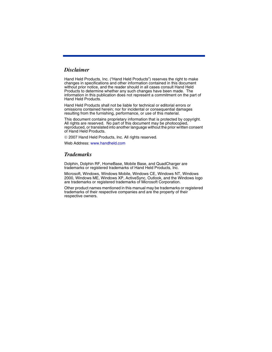 Disclaimer, Trademarks | HandHeld Entertainment Dolphin 7850 User Manual | Page 11 / 12