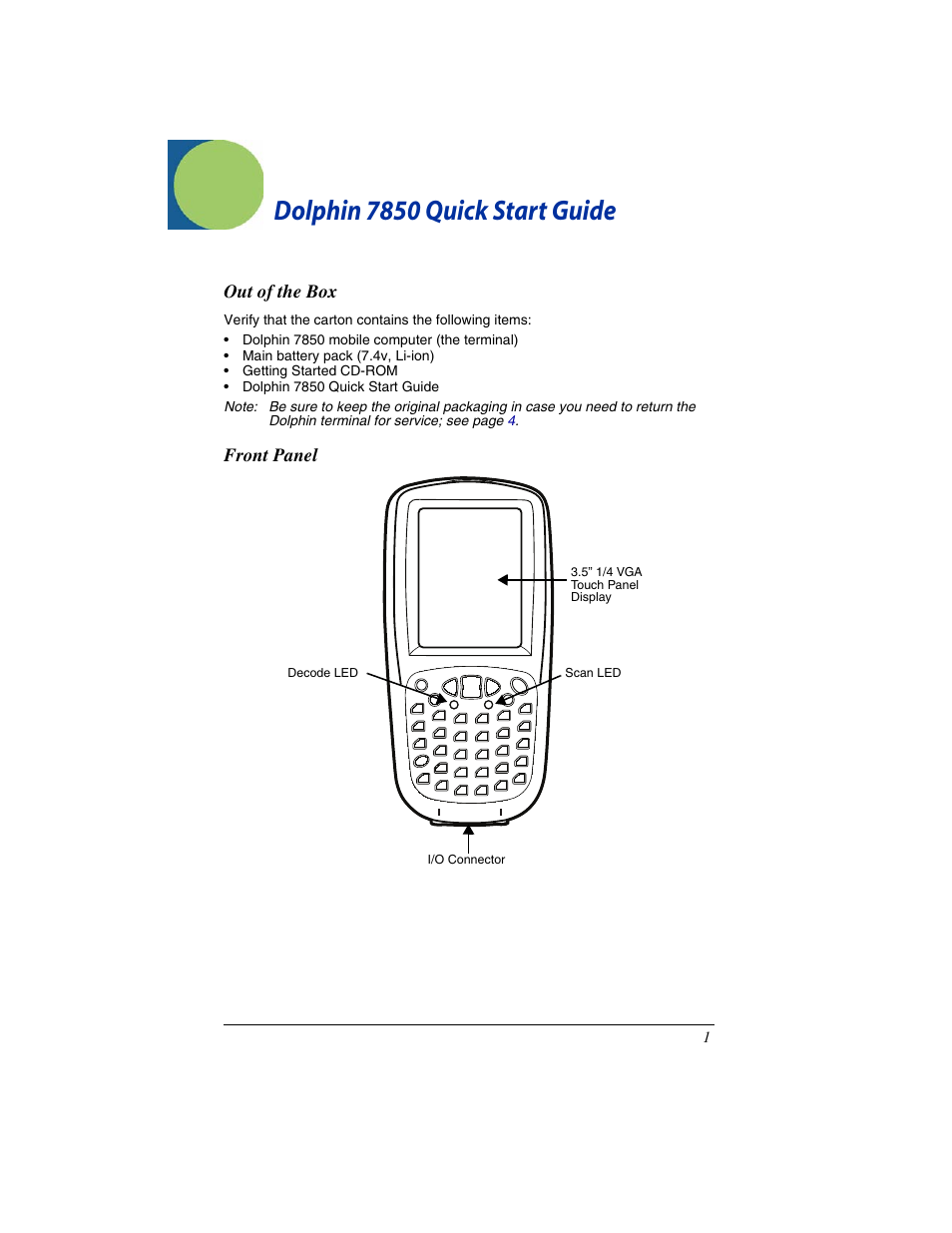 Dolphin 7850 quick start guide, Out of the box, Front panel | HandHeld Entertainment Dolphin 7850 User Manual | Page 3 / 12