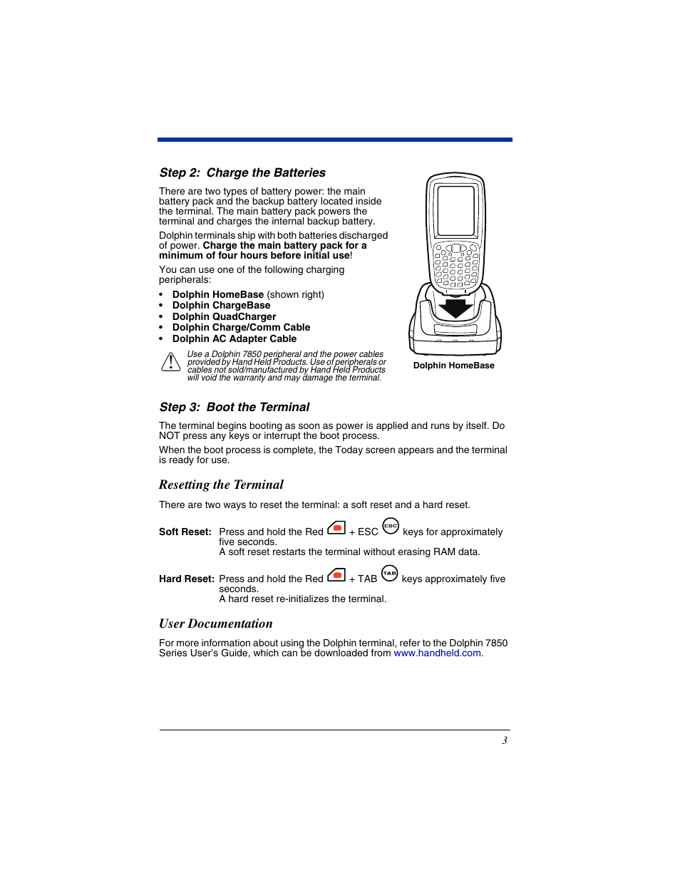 Resetting the terminal, User documentation | HandHeld Entertainment Dolphin 7850 User Manual | Page 5 / 12