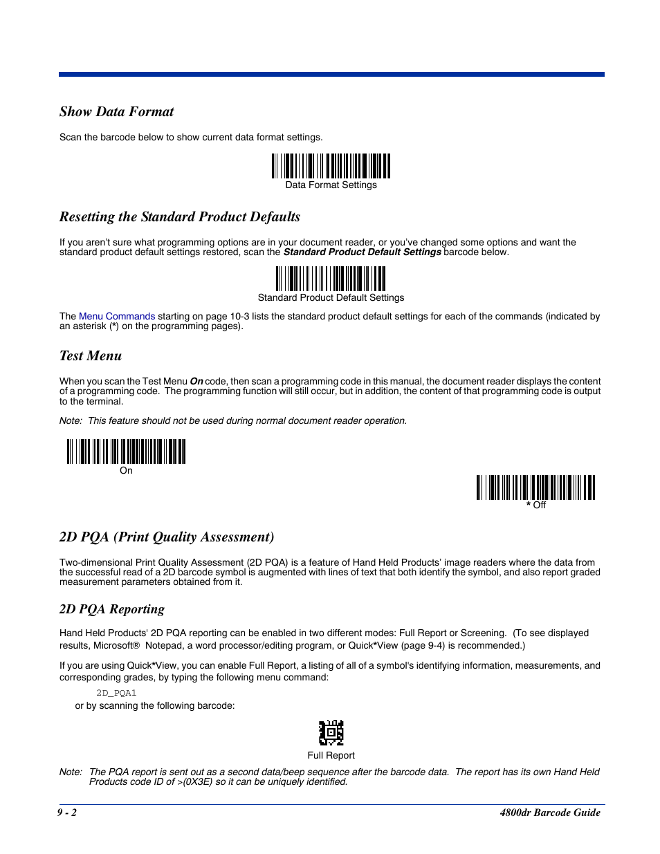 Show data format, Resetting the standard product defaults, Test menu | 2d pqa (print quality assessment), 2d pqa reporting, 2d pqa reporting -2 | HandHeld Entertainment Document Reader 4800dr User Manual | Page 100 / 140
