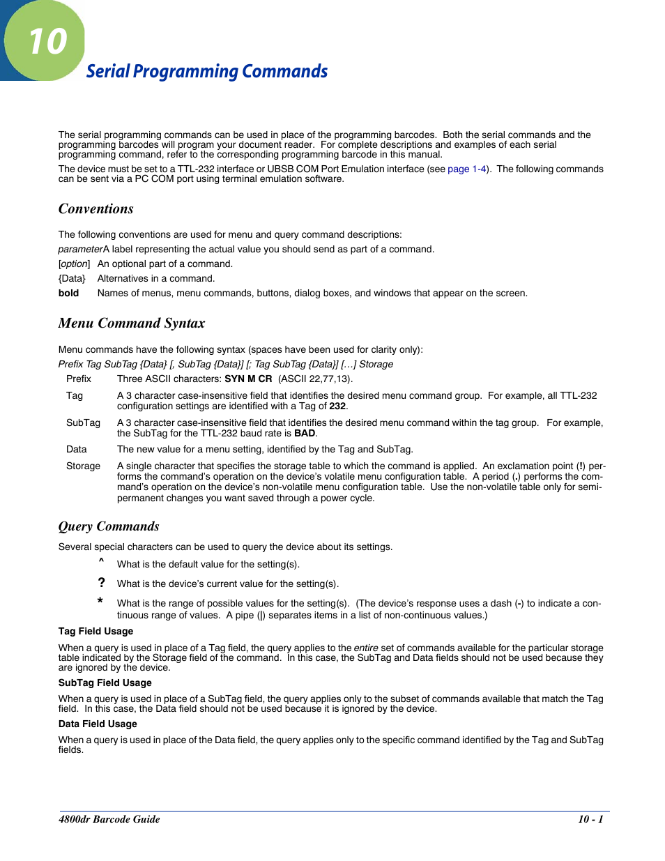 Serial programming commands, Conventions, Menu command syntax | Query commands, Chapter 10 - serial programming commands, Conventions -1 menu command syntax -1, Query commands -1, Chapter 10, For settings and defaults | HandHeld Entertainment Document Reader 4800dr User Manual | Page 103 / 140