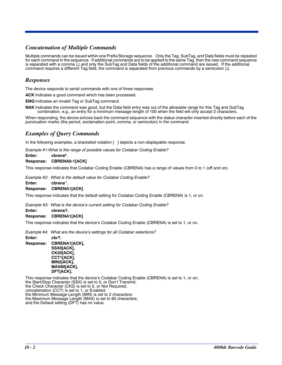 Concatenation of multiple commands, Responses, Examples of query commands | HandHeld Entertainment Document Reader 4800dr User Manual | Page 104 / 140
