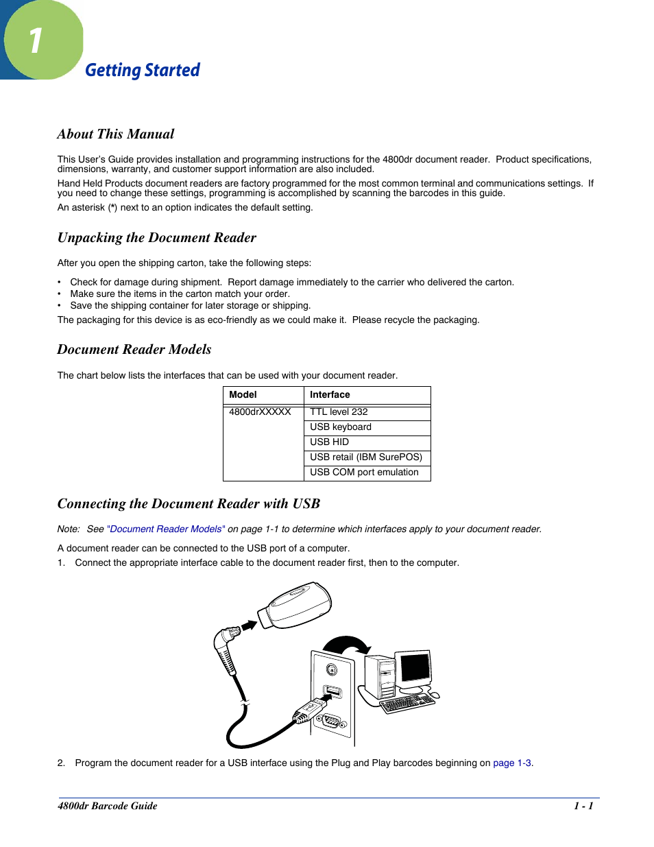 Getting started, About this manual, Unpacking the document reader | Document reader models, Connecting the document reader with usb, Chapter 1 - getting started | HandHeld Entertainment Document Reader 4800dr User Manual | Page 11 / 140