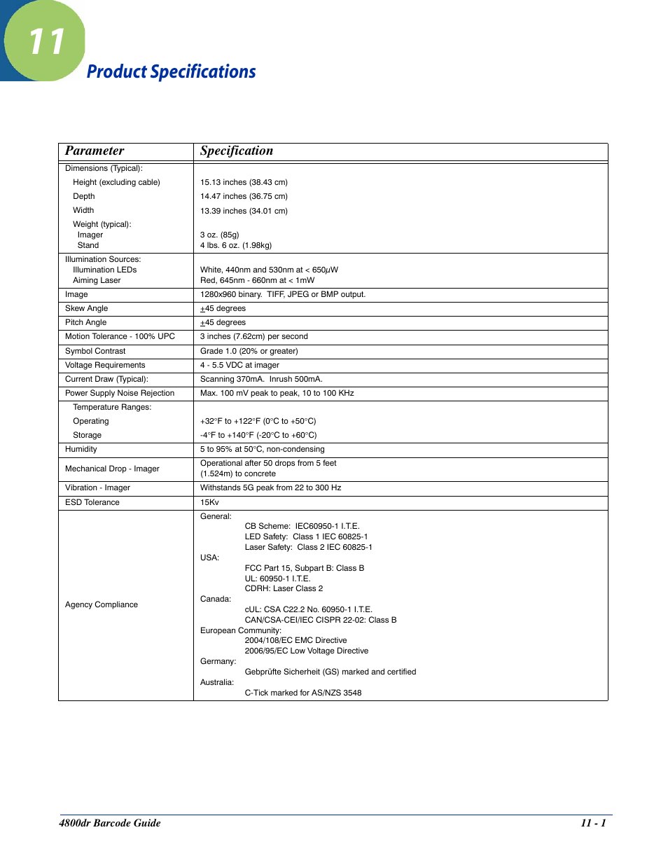 Product specifications, Chapter 11 - product specifications, Parameter specification | HandHeld Entertainment Document Reader 4800dr User Manual | Page 119 / 140