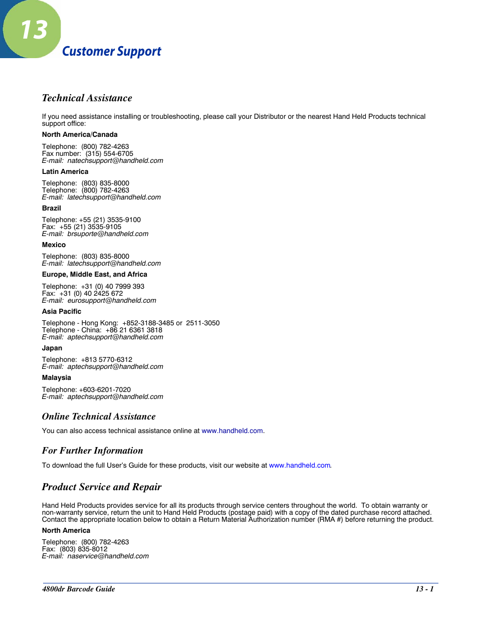Customer support, Technical assistance, Online technical assistance | For further information, Product service and repair, Chapter 13 - customer support, Technical assistance -1, Product service and repair -1 | HandHeld Entertainment Document Reader 4800dr User Manual | Page 125 / 140