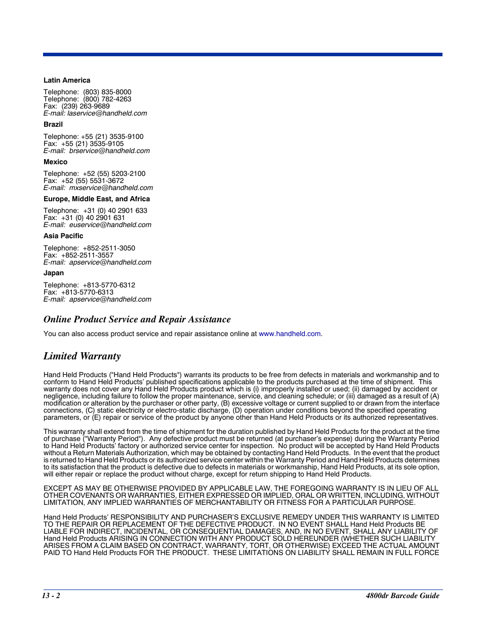 Online product service and repair assistance, Limited warranty, Online product service and repair assistance -2 | Limited warranty -2 | HandHeld Entertainment Document Reader 4800dr User Manual | Page 126 / 140