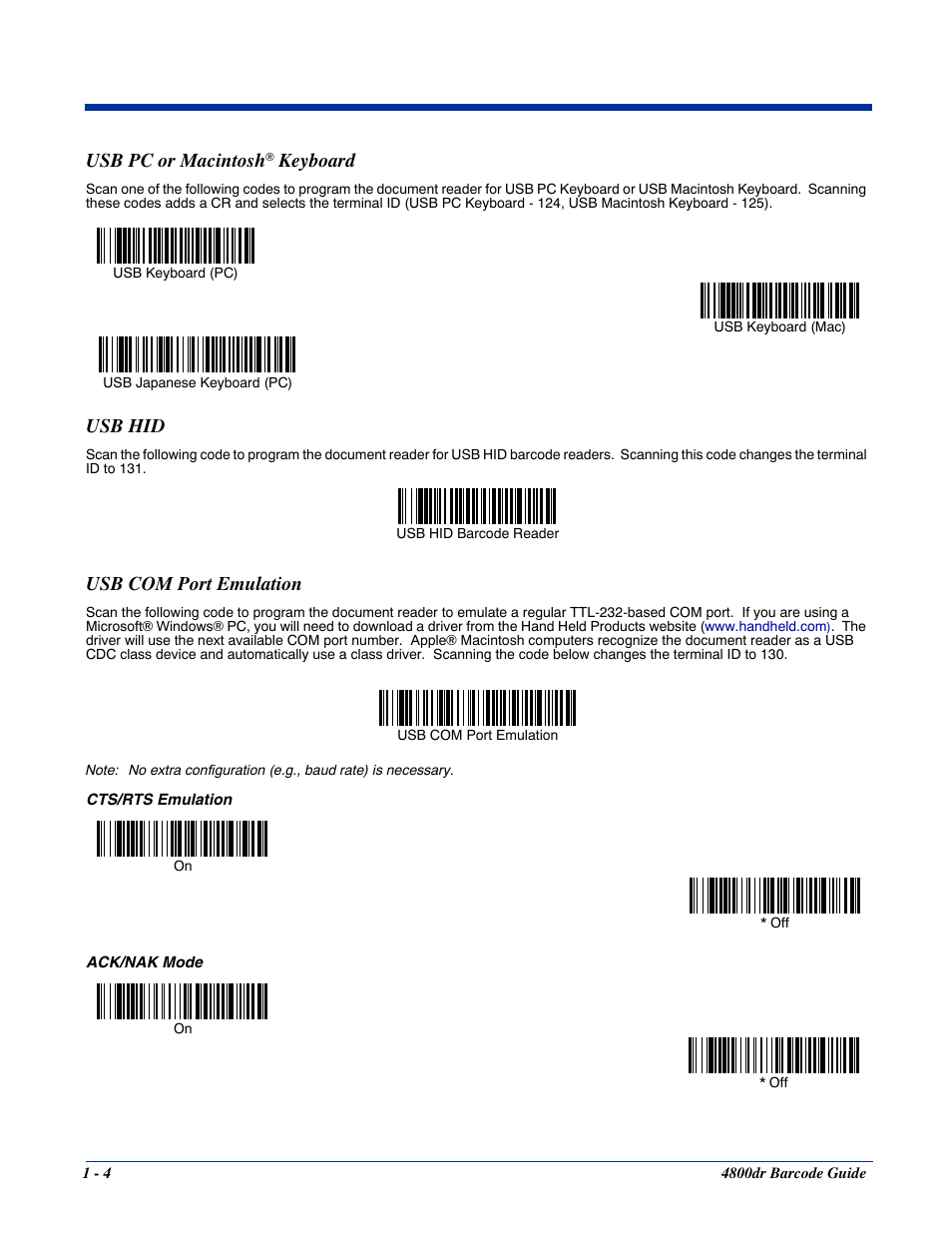Usb pc or macintosh® keyboard, Usb hid, Usb com port emulation | Usb pc or macintosh, Usb hid -4 usb com port emulation -4, Keyboard | HandHeld Entertainment Document Reader 4800dr User Manual | Page 14 / 140