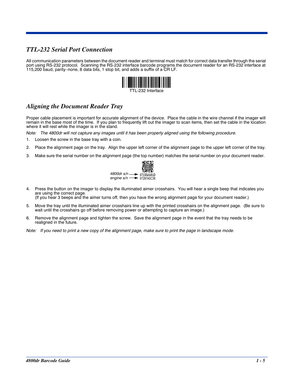 Ttl-232 serial port connection, Aligning the document reader tray | HandHeld Entertainment Document Reader 4800dr User Manual | Page 15 / 140