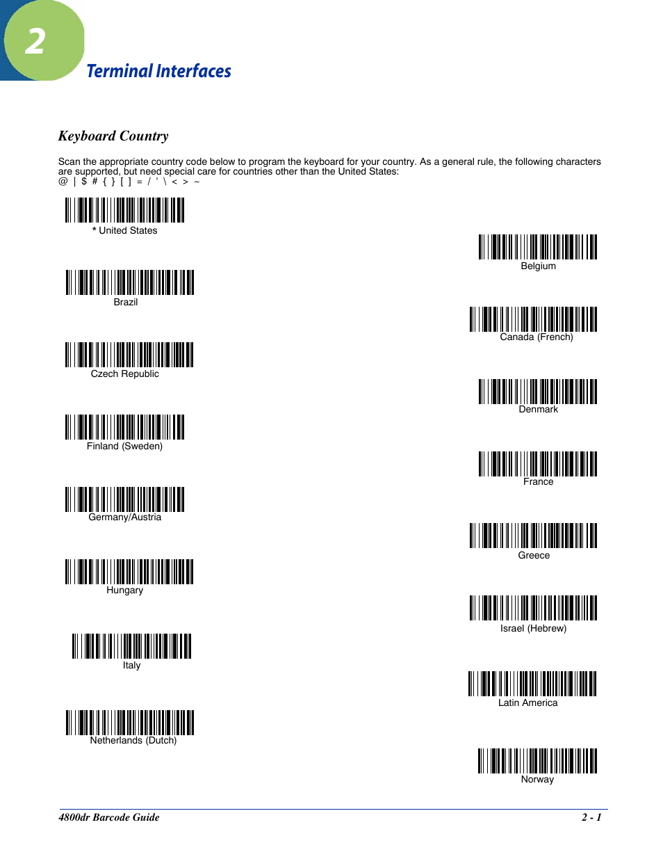 Terminal interfaces, Keyboard country, Chapter 2 - terminal interfaces | Keyboard country -1 | HandHeld Entertainment Document Reader 4800dr User Manual | Page 17 / 140