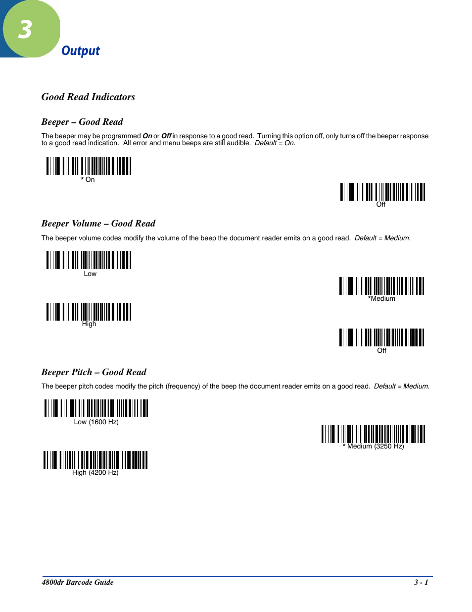 Output, Good read indicators, Beeper - good read | Beeper volume - good read, Beeper pitch - good read, Chapter 3 - output, Good read indicators -1 | HandHeld Entertainment Document Reader 4800dr User Manual | Page 23 / 140
