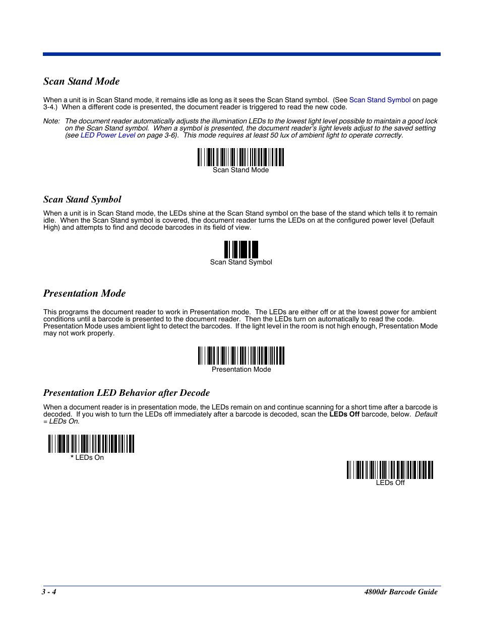 Scan stand mode, Scan stand symbol, Presentation mode | Presentation led behavior after decode, Scan stand mode -4, Scan stand symbol -4, Presentation mode -4, Presentation led behavior after decode -4 | HandHeld Entertainment Document Reader 4800dr User Manual | Page 26 / 140