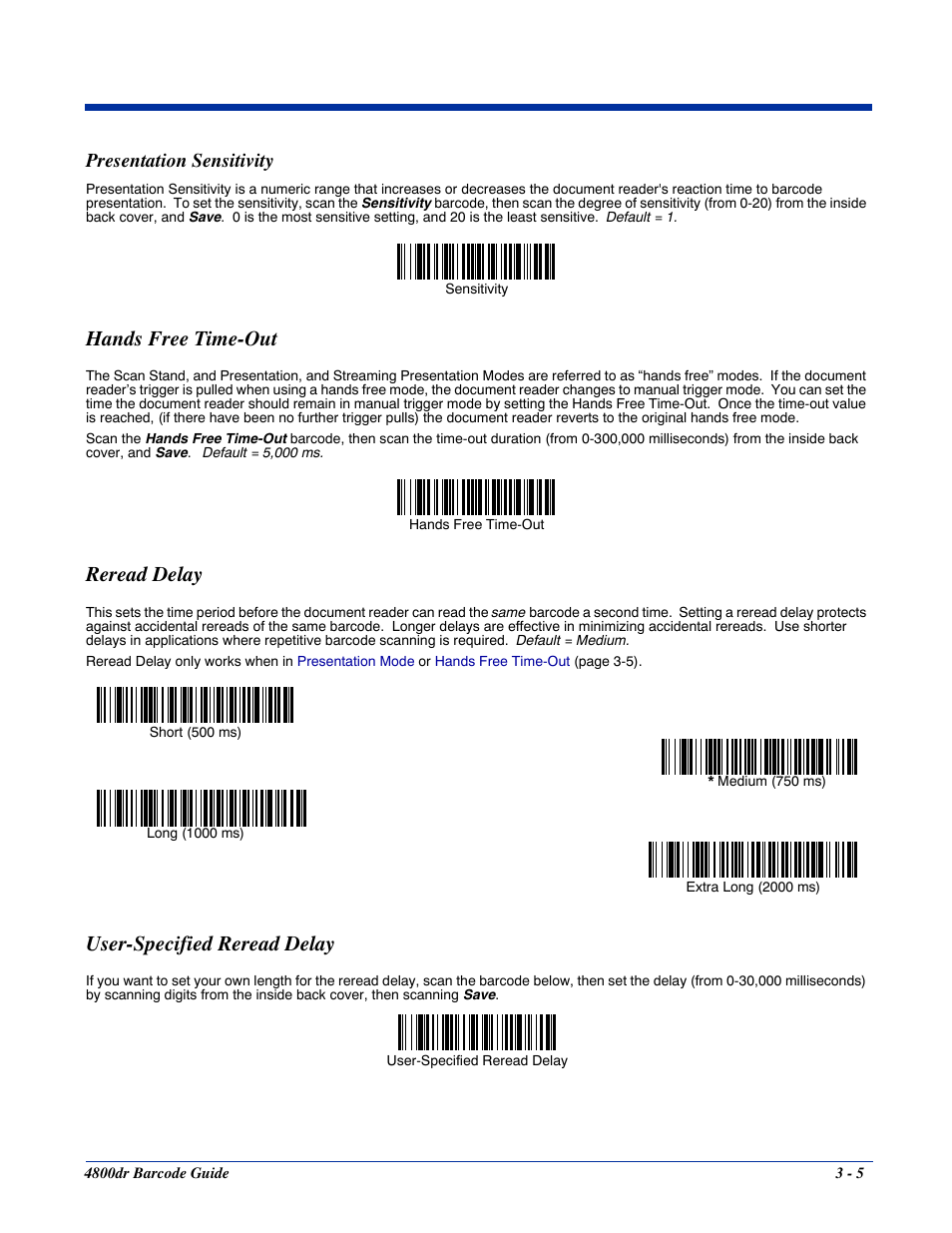 Presentation sensitivity, Hands free time-out, Reread delay | User-specified reread delay, Presentation sensitivity -5 | HandHeld Entertainment Document Reader 4800dr User Manual | Page 27 / 140