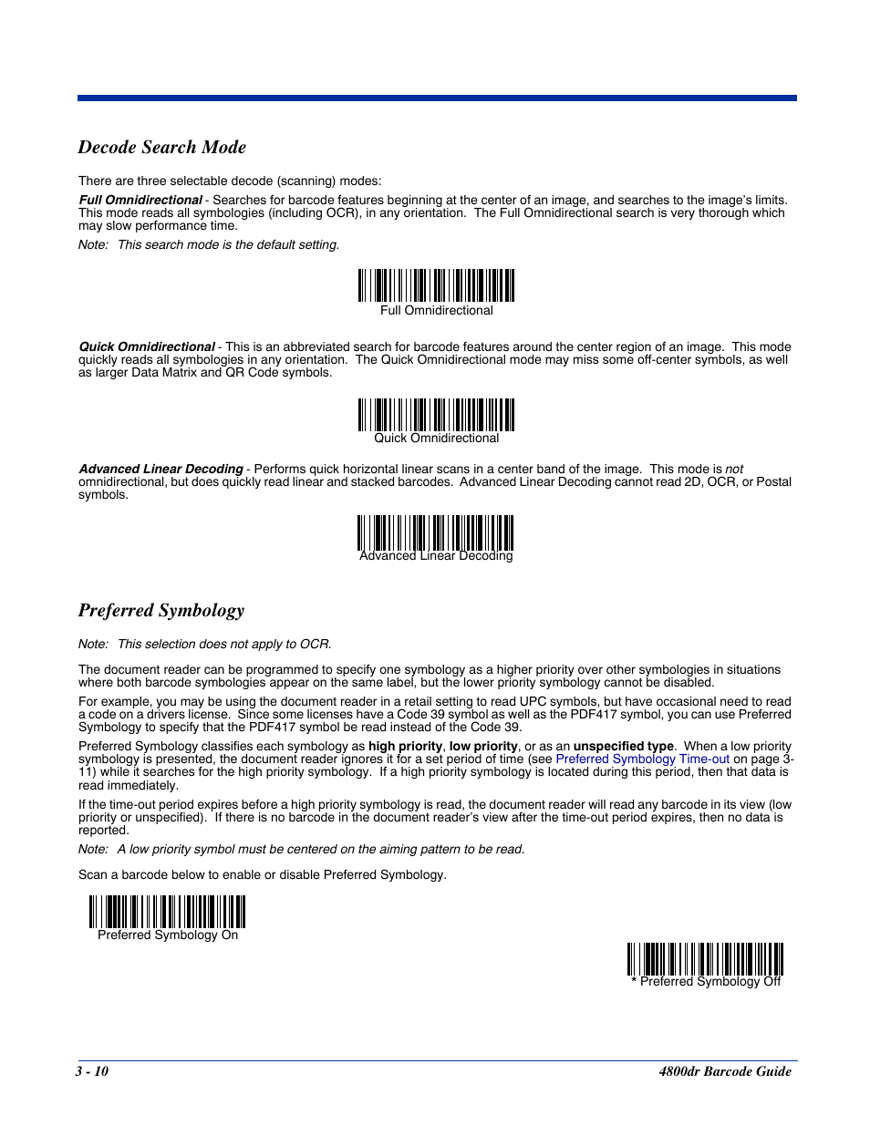 Decode search mode, Preferred symbology, Decode search mode -10 preferred symbology -10 | HandHeld Entertainment Document Reader 4800dr User Manual | Page 32 / 140