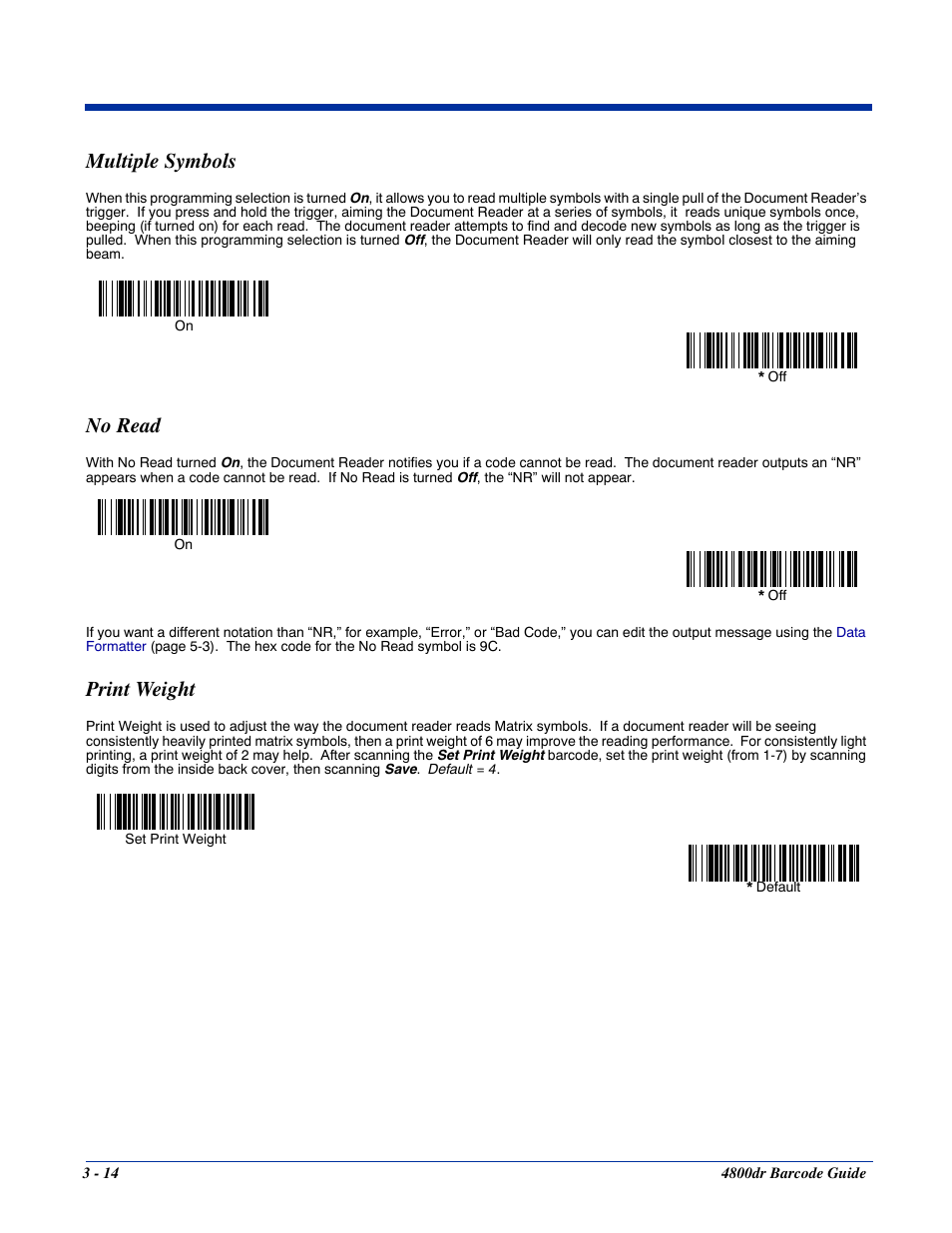 Multiple symbols, No read, Print weight | Multiple symbols -14 no read -14 print weight -14 | HandHeld Entertainment Document Reader 4800dr User Manual | Page 36 / 140
