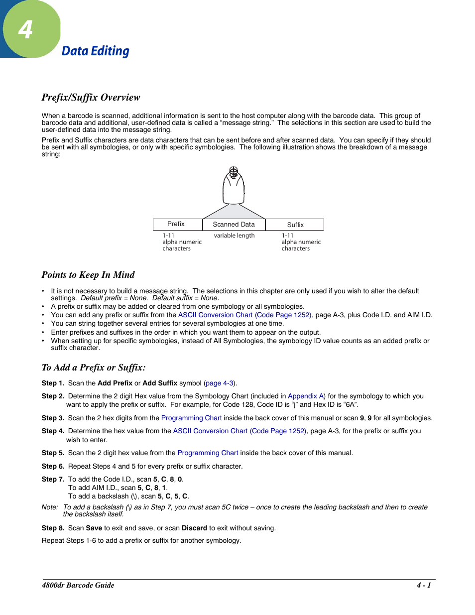 Data editing, Prefix/suffix overview, To add a prefix or suffix | Chapter 4 - data editing, Prefix/suffix overview -1, To add a prefix or suffix: -1, Points to keep in mind | HandHeld Entertainment Document Reader 4800dr User Manual | Page 39 / 140
