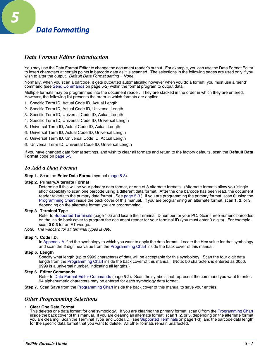 Data formatting, Data format editor introduction, To add a data format | Other programming selections, Chapter 5 - data formatting, Data format editor introduction -1 | HandHeld Entertainment Document Reader 4800dr User Manual | Page 45 / 140