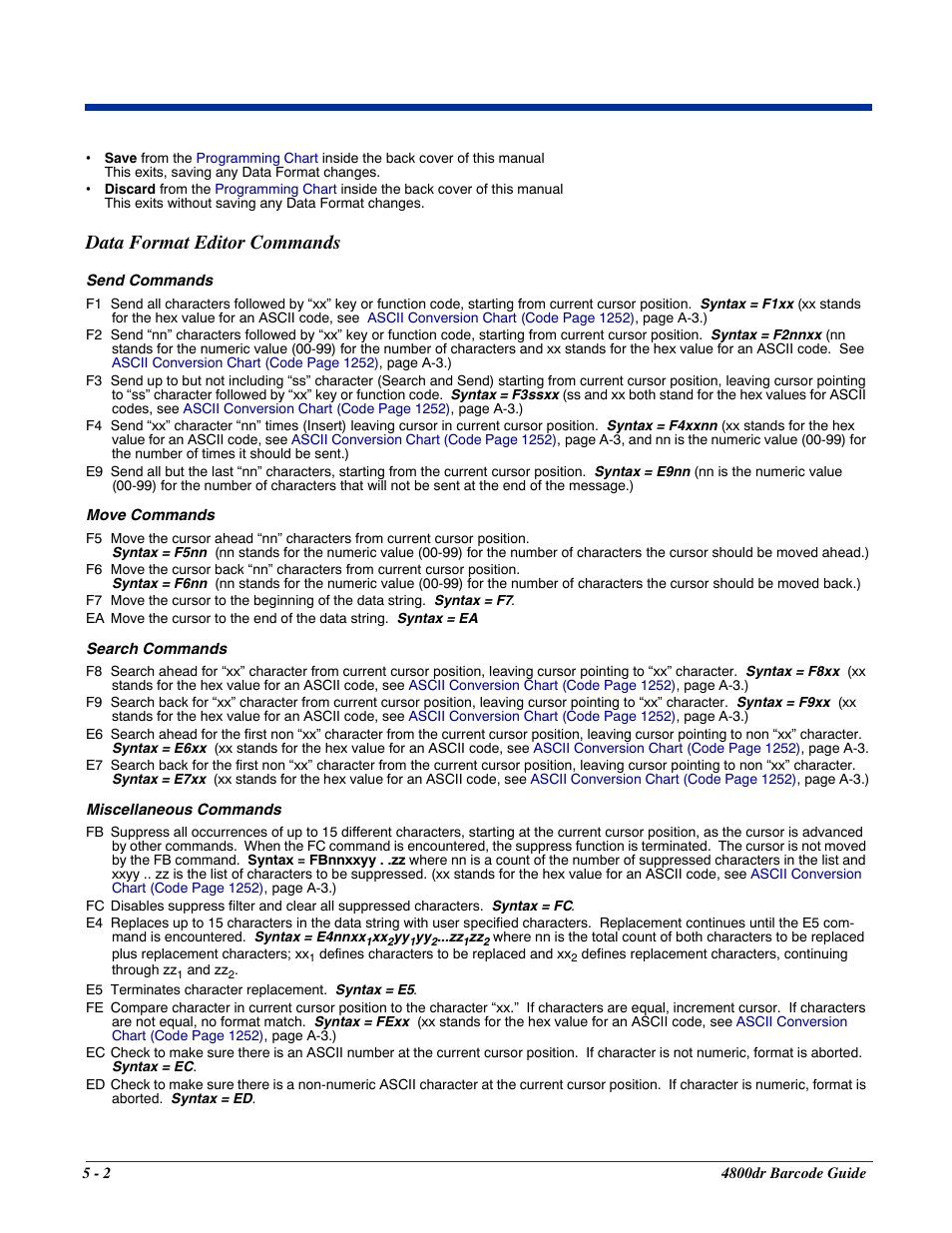 Data format editor commands, Data format editor commands -2, Command (see | Send commands | HandHeld Entertainment Document Reader 4800dr User Manual | Page 46 / 140
