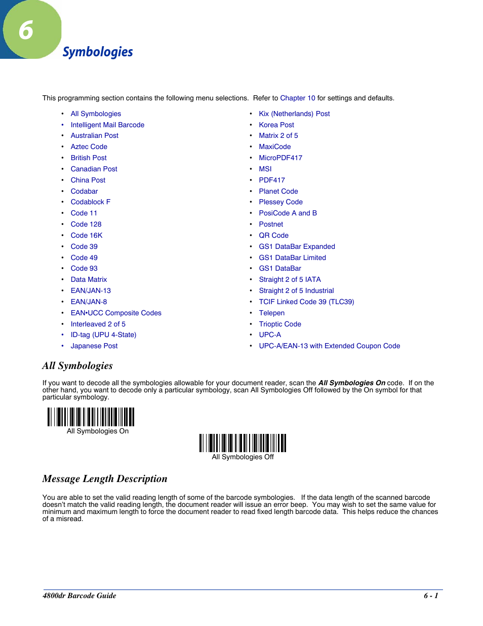 Symbologies, Message length description, Chapter 6 - symbologies | All symbologies -1 message length description -1, All symbologies | HandHeld Entertainment Document Reader 4800dr User Manual | Page 49 / 140