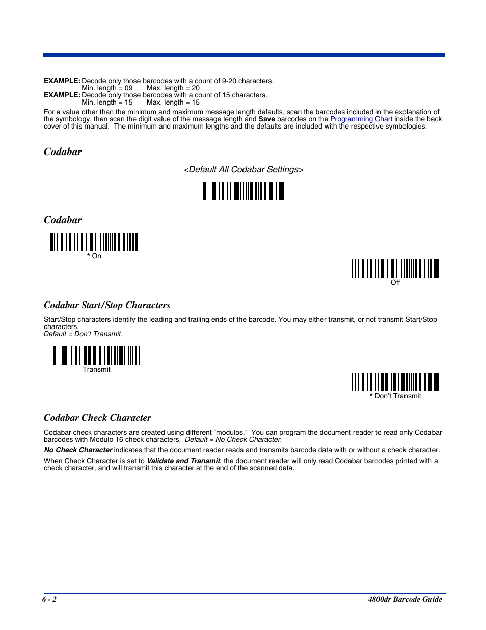 Codabar start / stop characters, Codabar check character, Codabar -2 | Codabar, Codabar start/stop characters | HandHeld Entertainment Document Reader 4800dr User Manual | Page 50 / 140