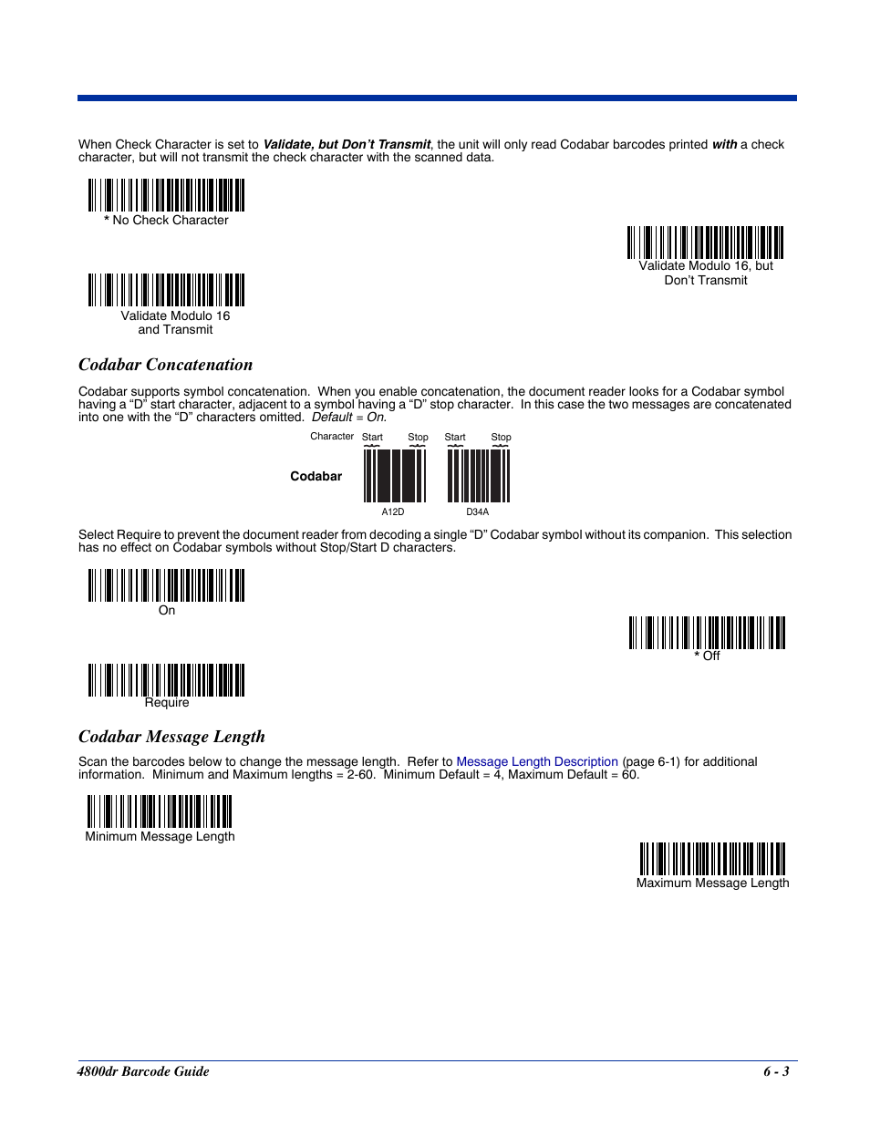 Codabar concatenation, Codabar message length, Codabar concatenation -3 codabar message length -3 | HandHeld Entertainment Document Reader 4800dr User Manual | Page 51 / 140