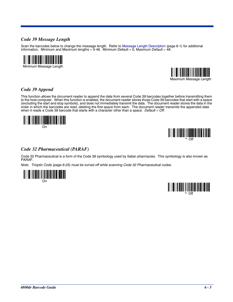 Code 39 message length, Code 39 append, Code 32 pharmaceutical (paraf) | HandHeld Entertainment Document Reader 4800dr User Manual | Page 53 / 140