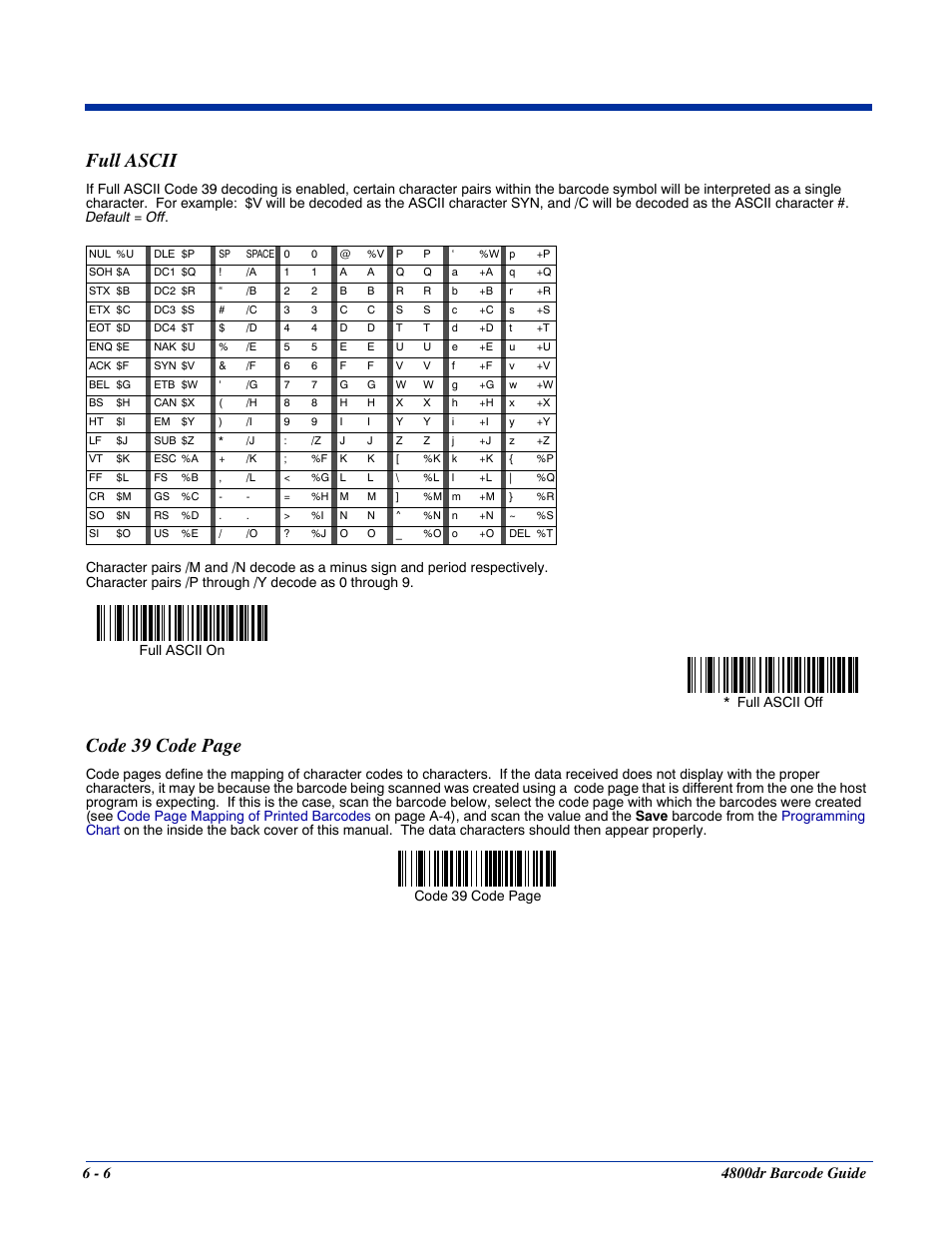 Full ascii, Code 39 code page, Full ascii off full ascii on code 39 code page | HandHeld Entertainment Document Reader 4800dr User Manual | Page 54 / 140