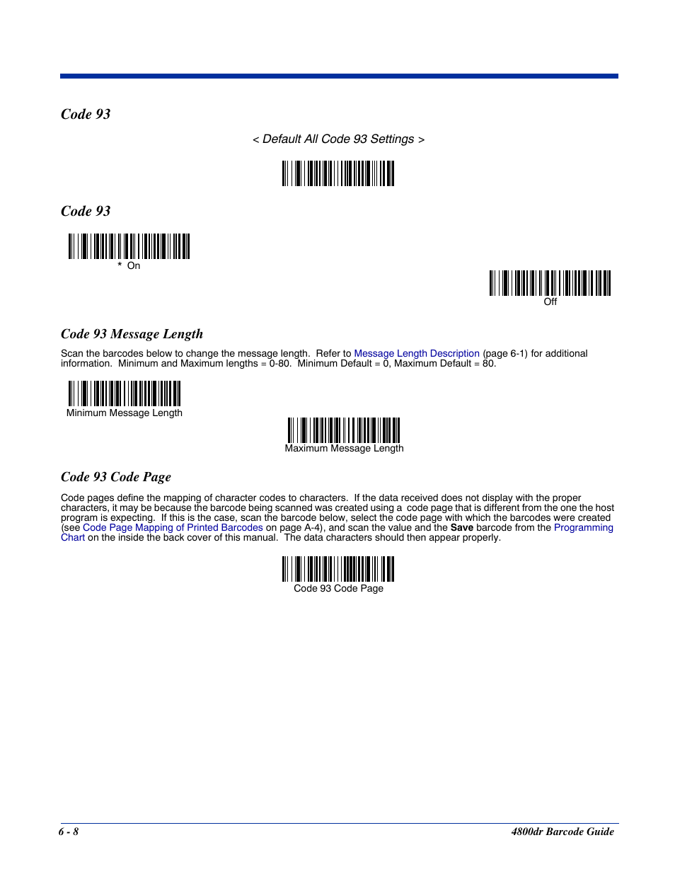 Code 93 message length, Code 93 -8, Code 93 | Code 93 code page | HandHeld Entertainment Document Reader 4800dr User Manual | Page 56 / 140