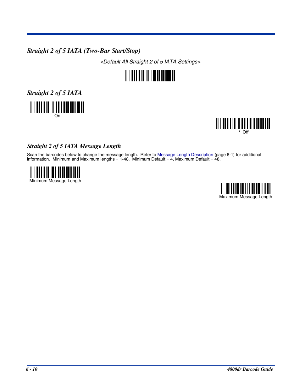 Straight 2 of 5 iata message length, Straight 2 of 5 iata (two-bar start/stop) -10, Straight 2 of 5 iata message length -10 | Straight 2 of 5 iata, Straight 2 of 5 iata (two-bar start/stop) | HandHeld Entertainment Document Reader 4800dr User Manual | Page 58 / 140