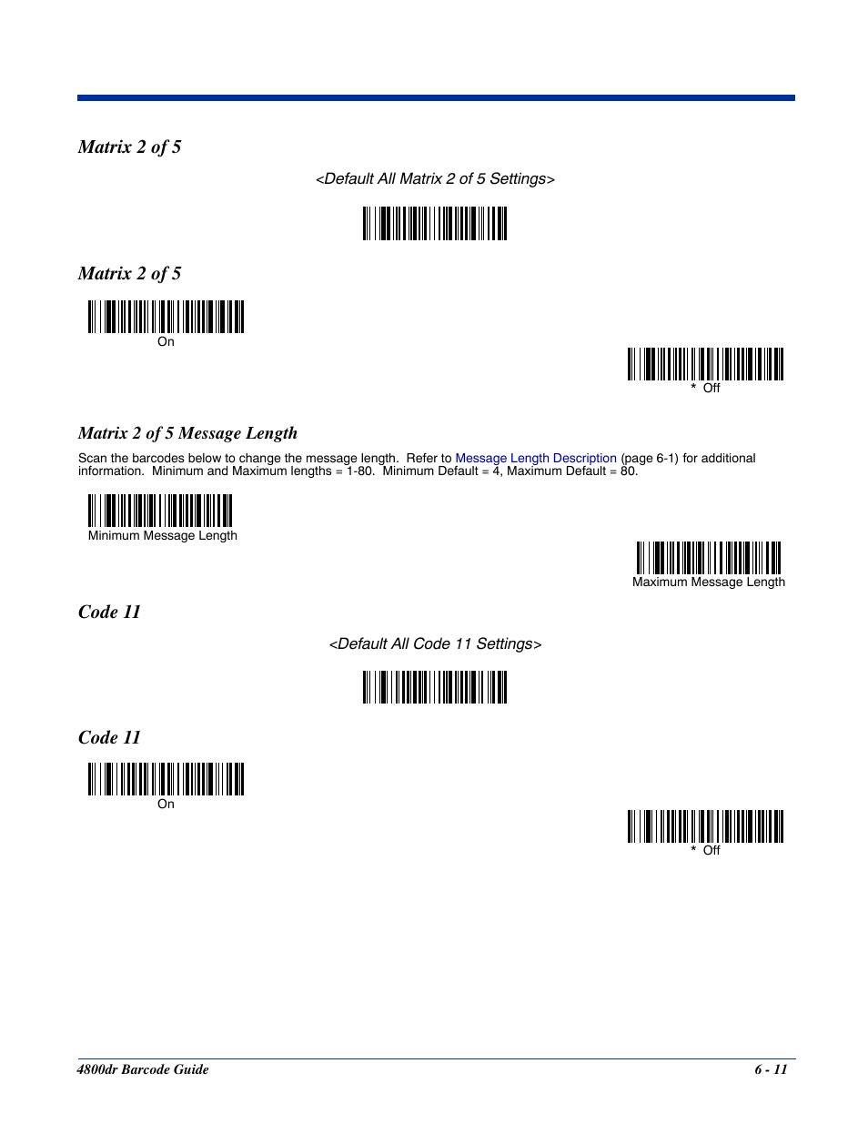 Matrix 2 of 5 message length, Matrix 2 of 5 -11, Matrix 2 of 5 message length -11 | Code 11 -11, Matrix 2 of 5, Code 11 | HandHeld Entertainment Document Reader 4800dr User Manual | Page 59 / 140