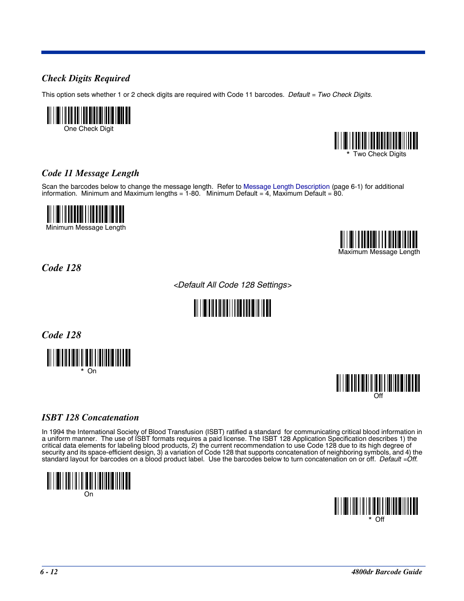 Check digits required, Code 11 message length, Isbt 128 concatenation | Code 128 -12, Isbt 128 concatenation -12, Code 128 | HandHeld Entertainment Document Reader 4800dr User Manual | Page 60 / 140