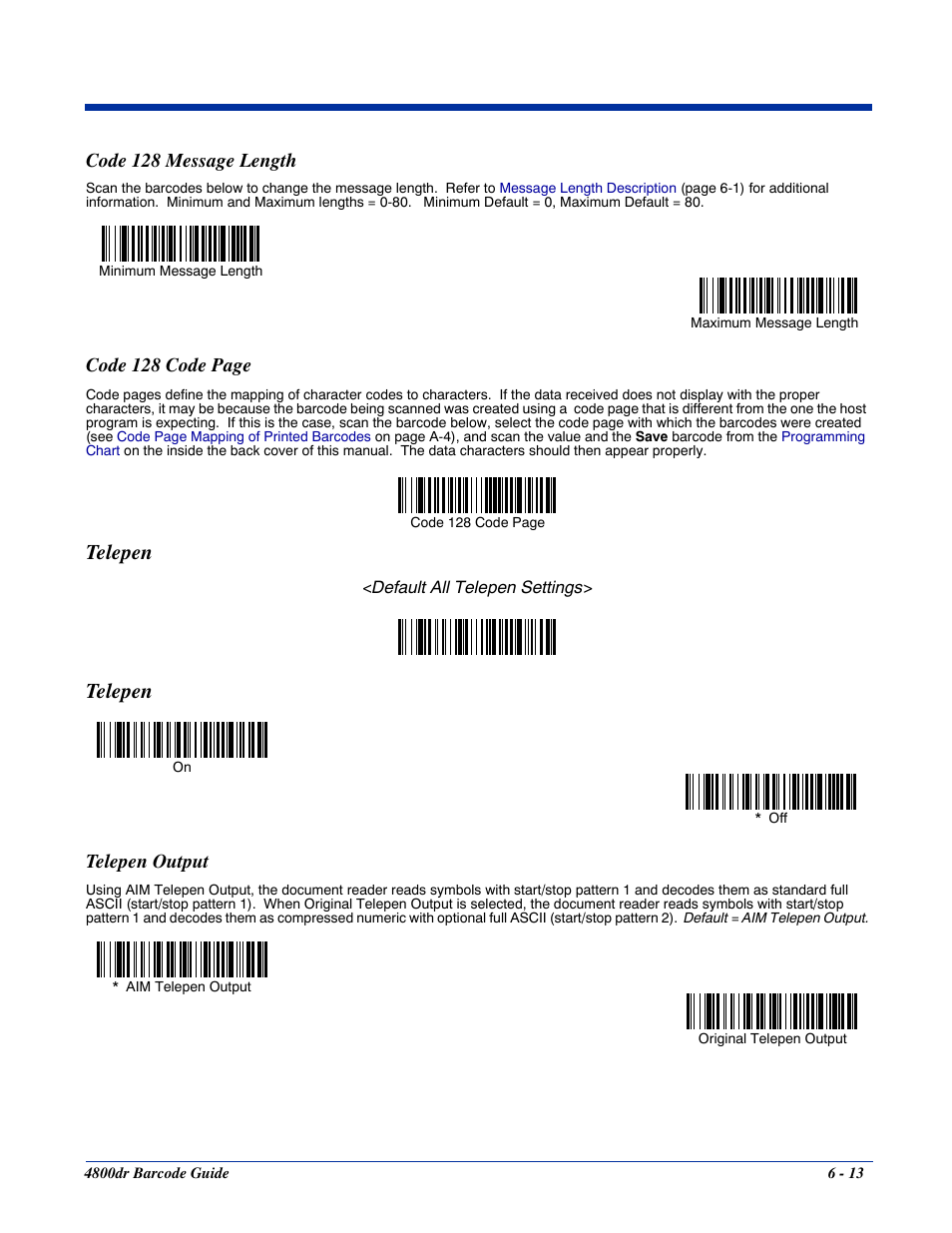 Code 128 message length, Telepen output, Telepen -13 | Telepen output -13, Telepen, Code 128 code page | HandHeld Entertainment Document Reader 4800dr User Manual | Page 61 / 140