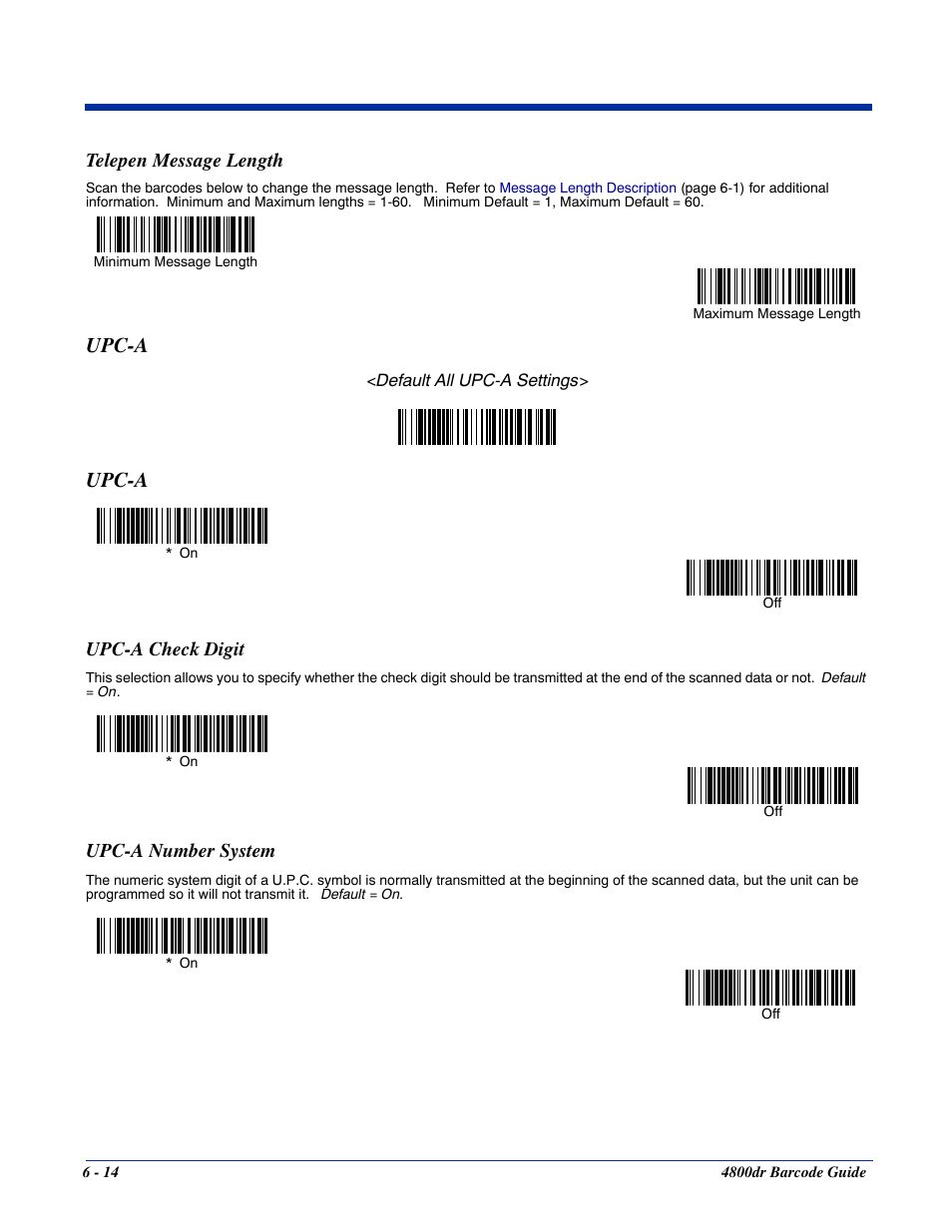 Telepen message length, Upc-a check digit, Upc-a number system | Telepen message length -14, Upc-a -14, Upc-a check digit -14 upc-a number system -14, Upc-a | HandHeld Entertainment Document Reader 4800dr User Manual | Page 62 / 140