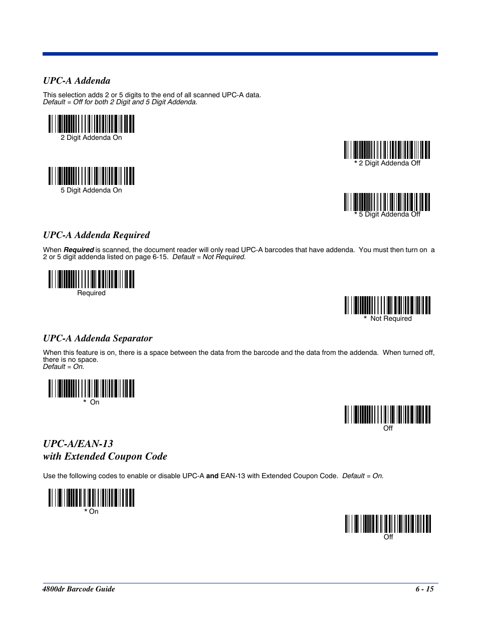 Upc-a addenda, Upc-a addenda required, Upc-a addenda separator | Upc-a/ean-13, With extended coupon code -15, Upc-a/ean-13 with extended coupon code | HandHeld Entertainment Document Reader 4800dr User Manual | Page 63 / 140