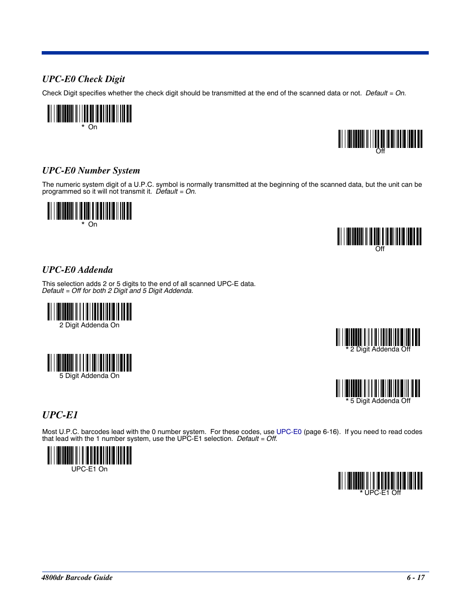 Upc-e0 check digit, Upc-e0 number system, Upc-e0 addenda | Upc-e1 -17, Upc-e1 | HandHeld Entertainment Document Reader 4800dr User Manual | Page 65 / 140