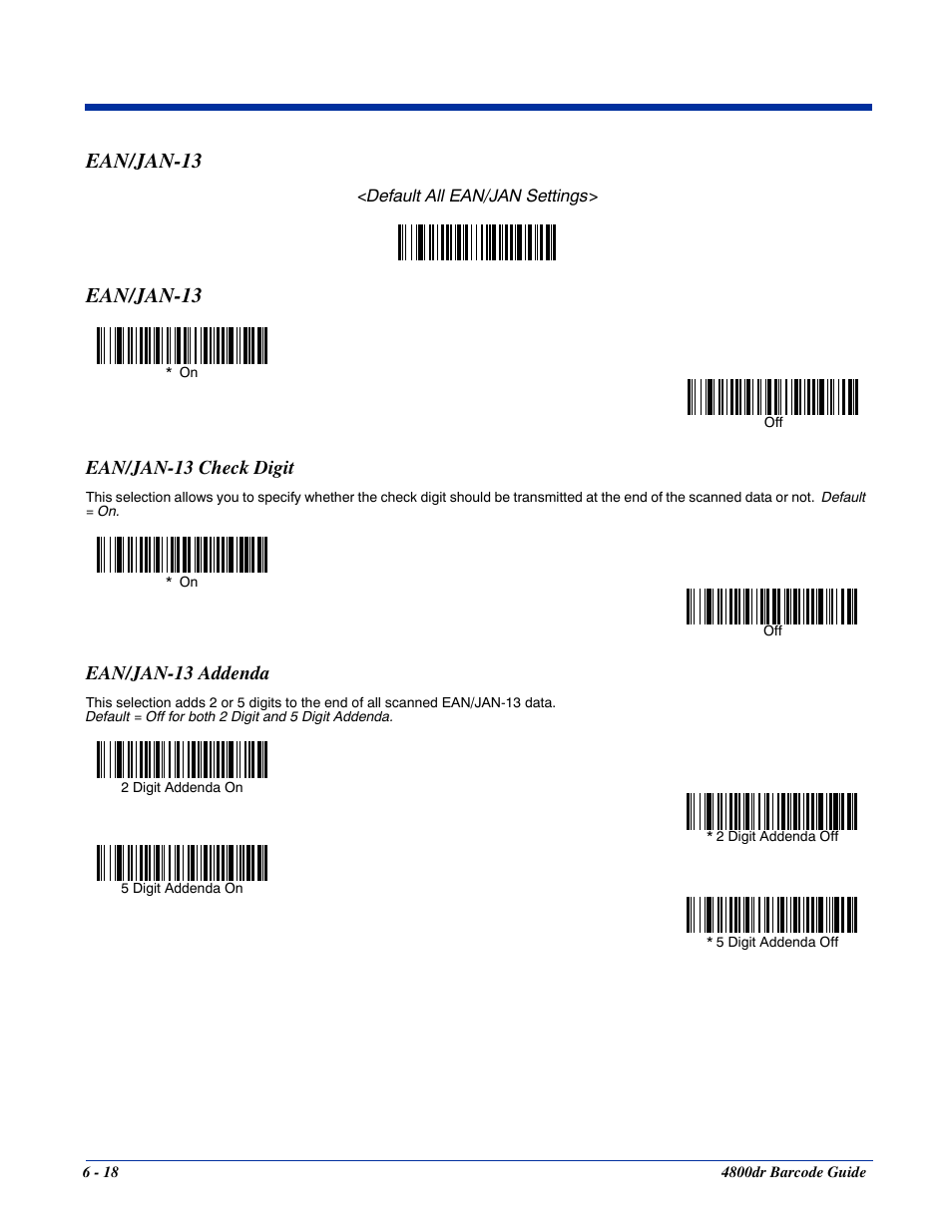 Ean/jan-13 check digit, Ean/jan-13 addenda, Ean/jan-13 -18 | Ean/jan-13 check digit -18 ean/jan-13 addenda -18, Ean/jan-13 | HandHeld Entertainment Document Reader 4800dr User Manual | Page 66 / 140