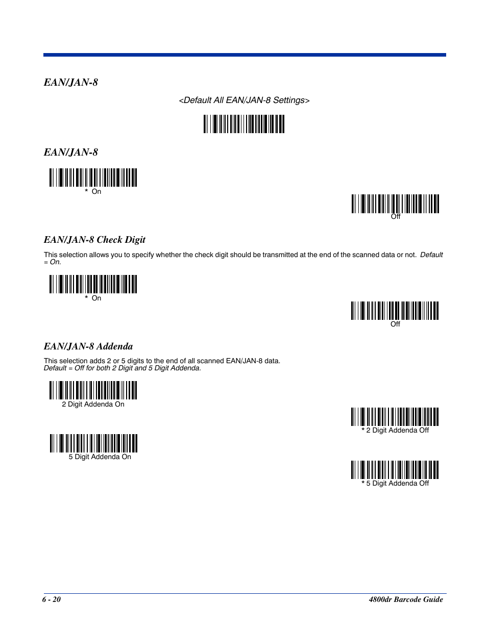 Ean/jan-8 check digit, Ean/jan-8 addenda, Ean/jan-8 -20 | Ean/jan-8 check digit -20 ean/jan-8 addenda -20, Ean/jan-8 | HandHeld Entertainment Document Reader 4800dr User Manual | Page 68 / 140