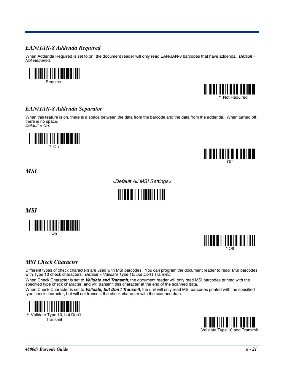 Ean/jan-8 addenda required, Ean/jan-8 addenda separator, Msi check character | Msi -21, Msi check character -21 | HandHeld Entertainment Document Reader 4800dr User Manual | Page 69 / 140