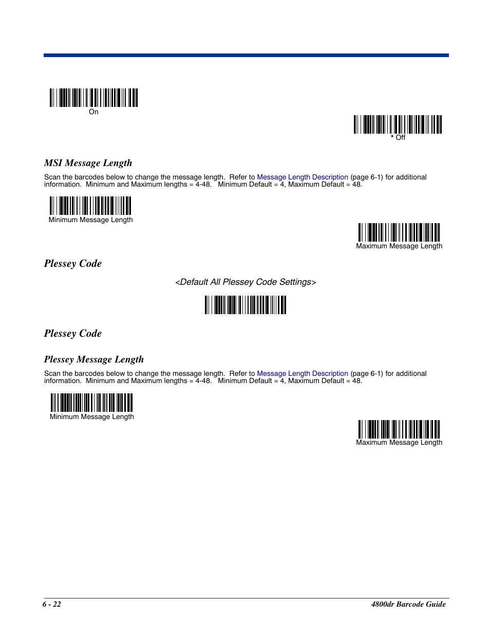 Msi message length, Plessey message length, Msi message length -22 | Plessey code -22, Plessey message length -22, Plessey code | HandHeld Entertainment Document Reader 4800dr User Manual | Page 70 / 140