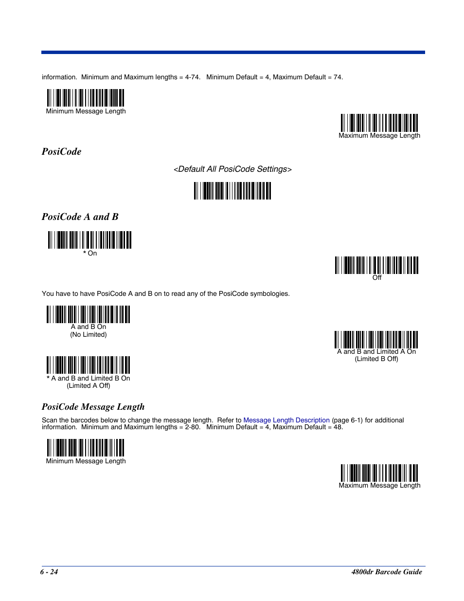 Posicode message length, Posicode -24, Posicode message length -24 | Posicode a and b, Posicode | HandHeld Entertainment Document Reader 4800dr User Manual | Page 72 / 140