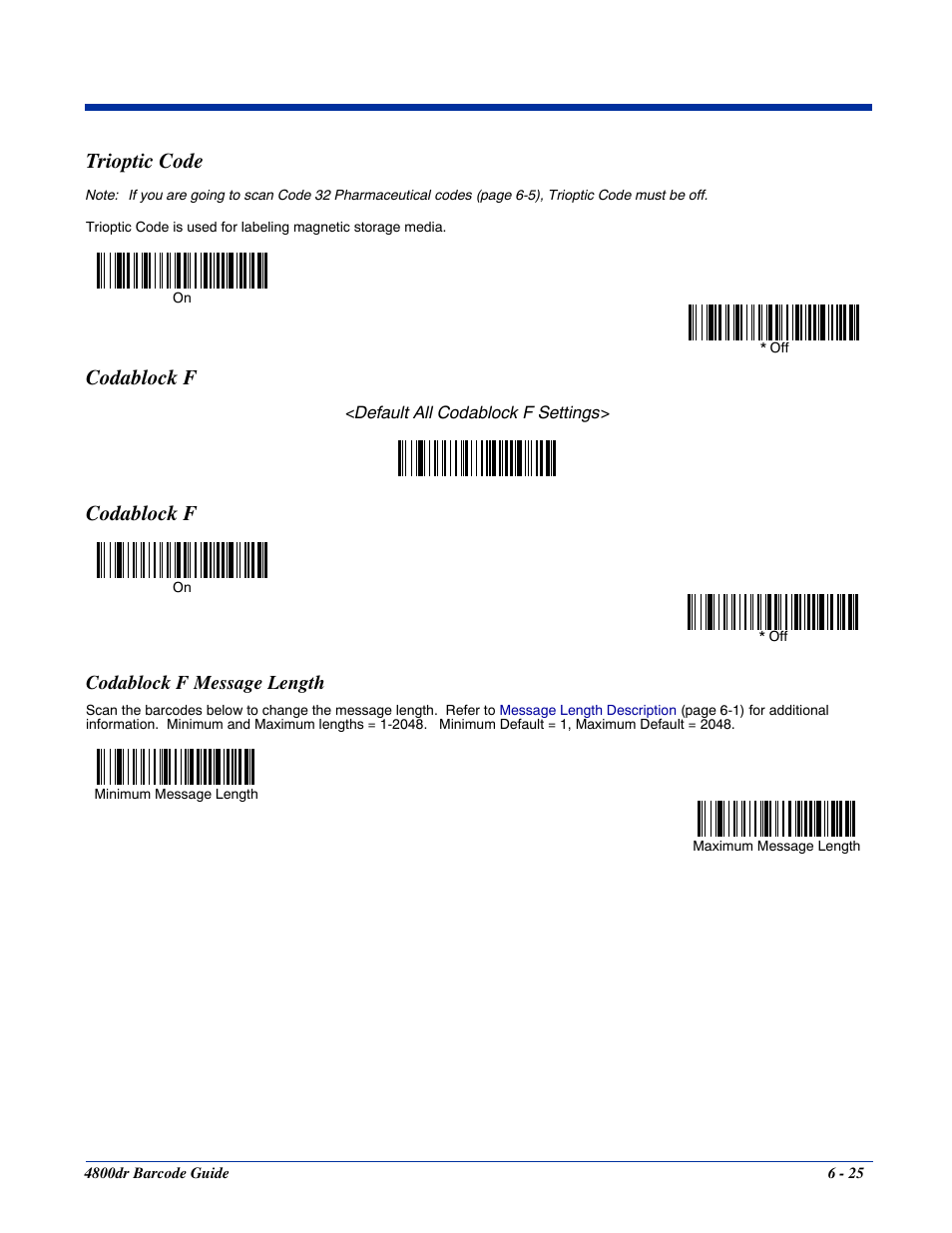 Codablock f message length, Trioptic code -25 codablock f -25, Codablock f message length -25 | Codablock f, Trioptic code | HandHeld Entertainment Document Reader 4800dr User Manual | Page 73 / 140