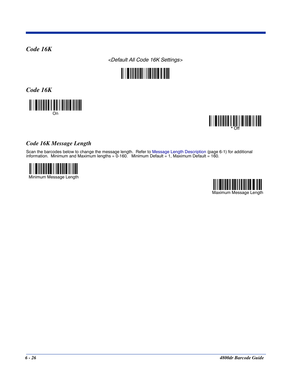 Code 16k message length, Code 16k -26, Code 16k message length -26 | Code 16k | HandHeld Entertainment Document Reader 4800dr User Manual | Page 74 / 140